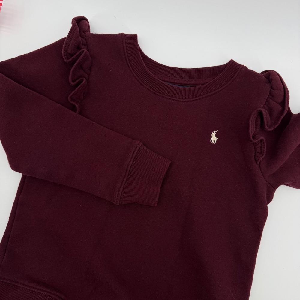 Polo Ralph Lauren Sweatshirt Dress Girls 6 Burgundy Ruffle Floral Tiered Skirt